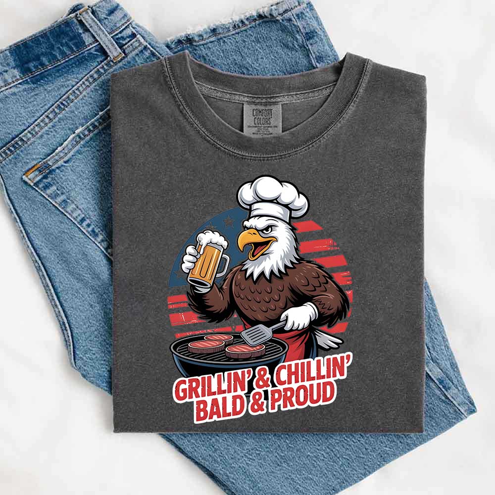 Grillin’ & Chillin’, Bald & Proud T-Shirt – Patriotic Bald Eagle BBQ Vintage Tee Adorb.co